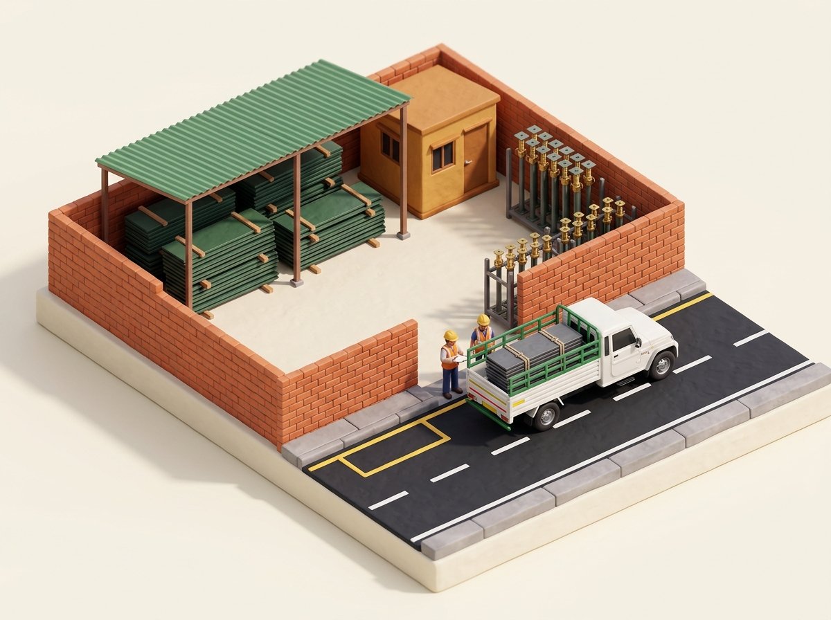 स्टील प्लेटों, एक्रो प्रॉप्स और महिंद्रा बोलेरो पिकअप के साथ भारतीय उपनगरीय शटरिंग गोदाम डिपो